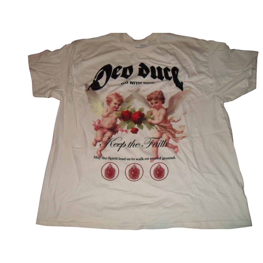 Deo Duce Studios Go With‎ God Graphic Print T-Shirt Angels Roses Faith 2XL